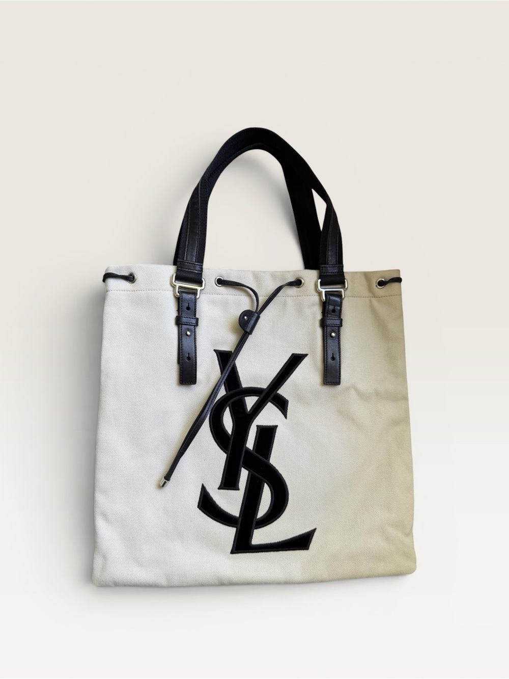 Saint Laurent Rive Gauche Canvas Tote Ivory Black Velvet YSL Logo - Picture 2 of 9